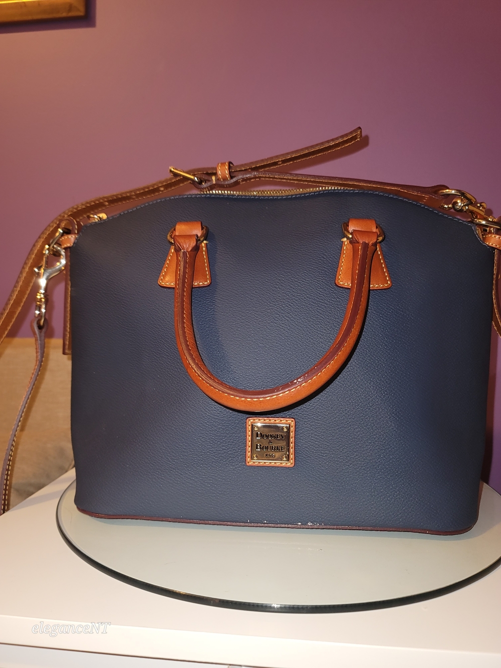 Dooney & Bourke Navy Kirby Domed Satchel Leather with Tan Trim - Picture 8 of 17